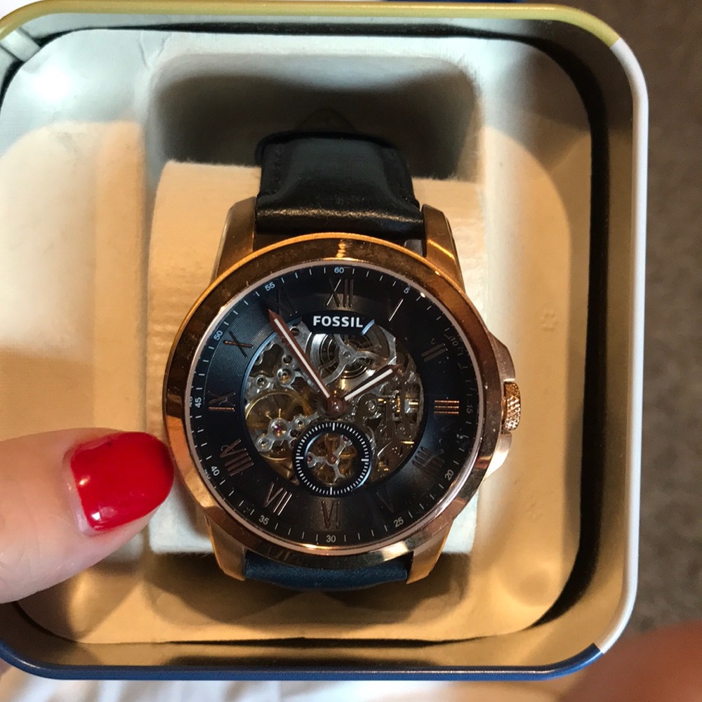 fossil navy and rose gold watch